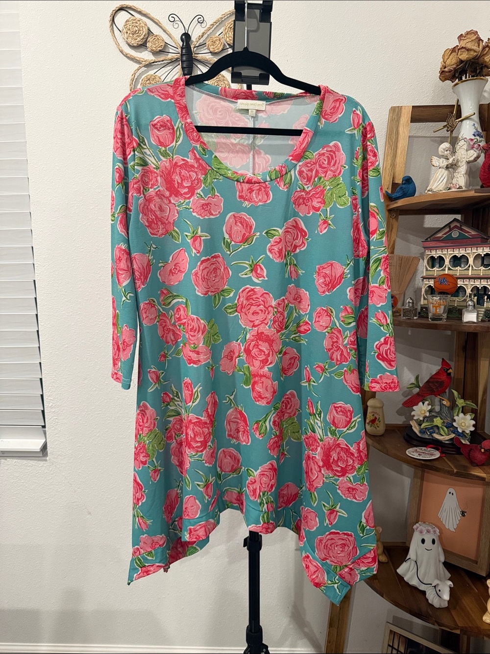 Simply Southern Teal Tunic with Pink Rose Print